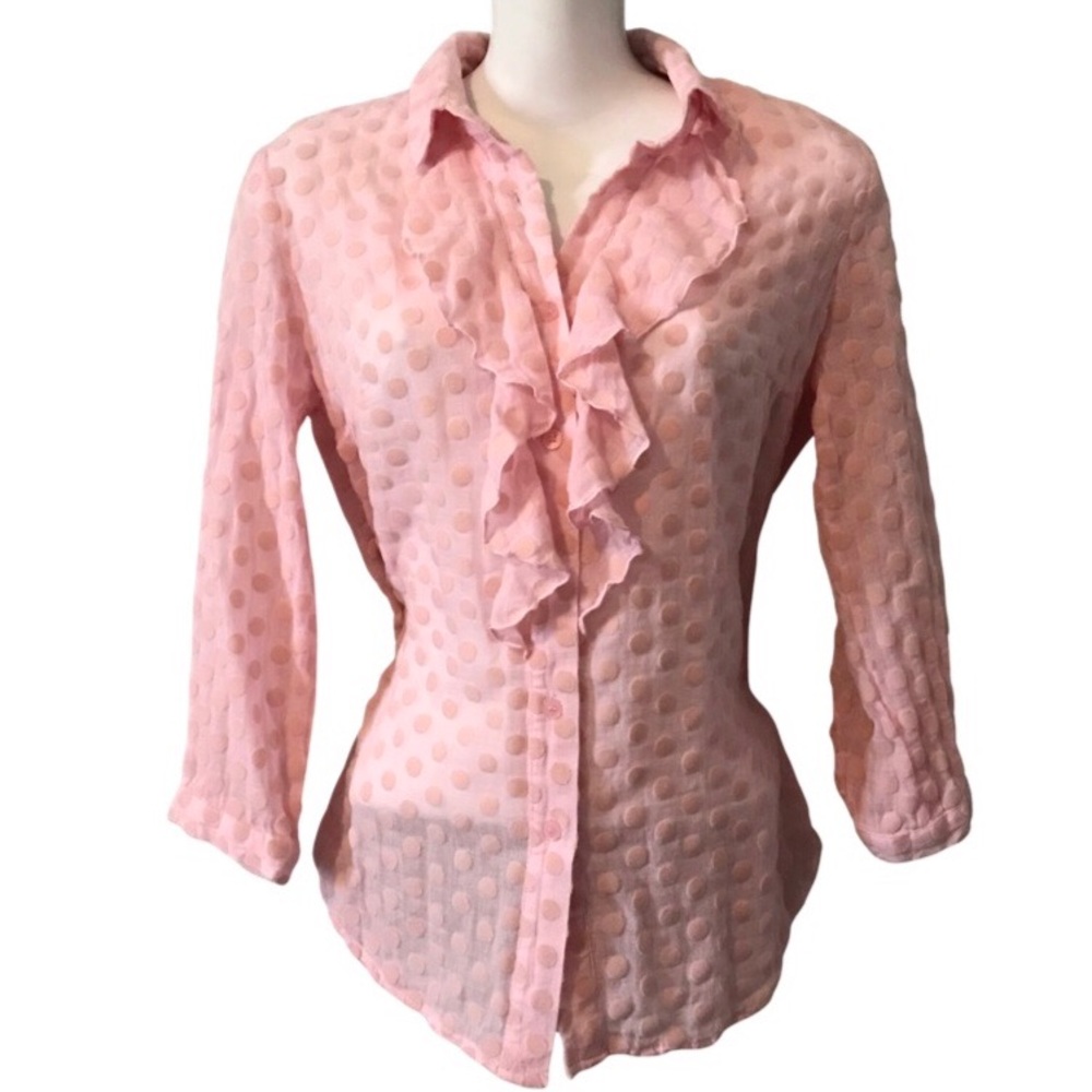 Sheer Ruffle Front Polka-Dot Blouse in Pink